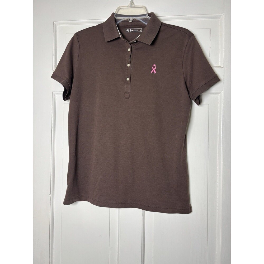 LADY HAGEN Polo Shirt Womens Large Brown w/Breast Cancer Logo (20” Chest)